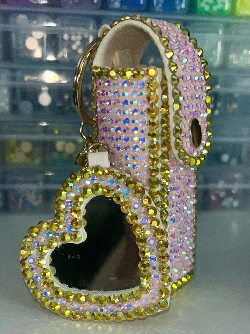 Hand Crafted Gilded Rose Crystal Rhinestone Lipstick Case and Mirror Keychain